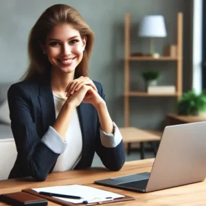 Mulher sorrindo sentada escritorio aprenda espanhol